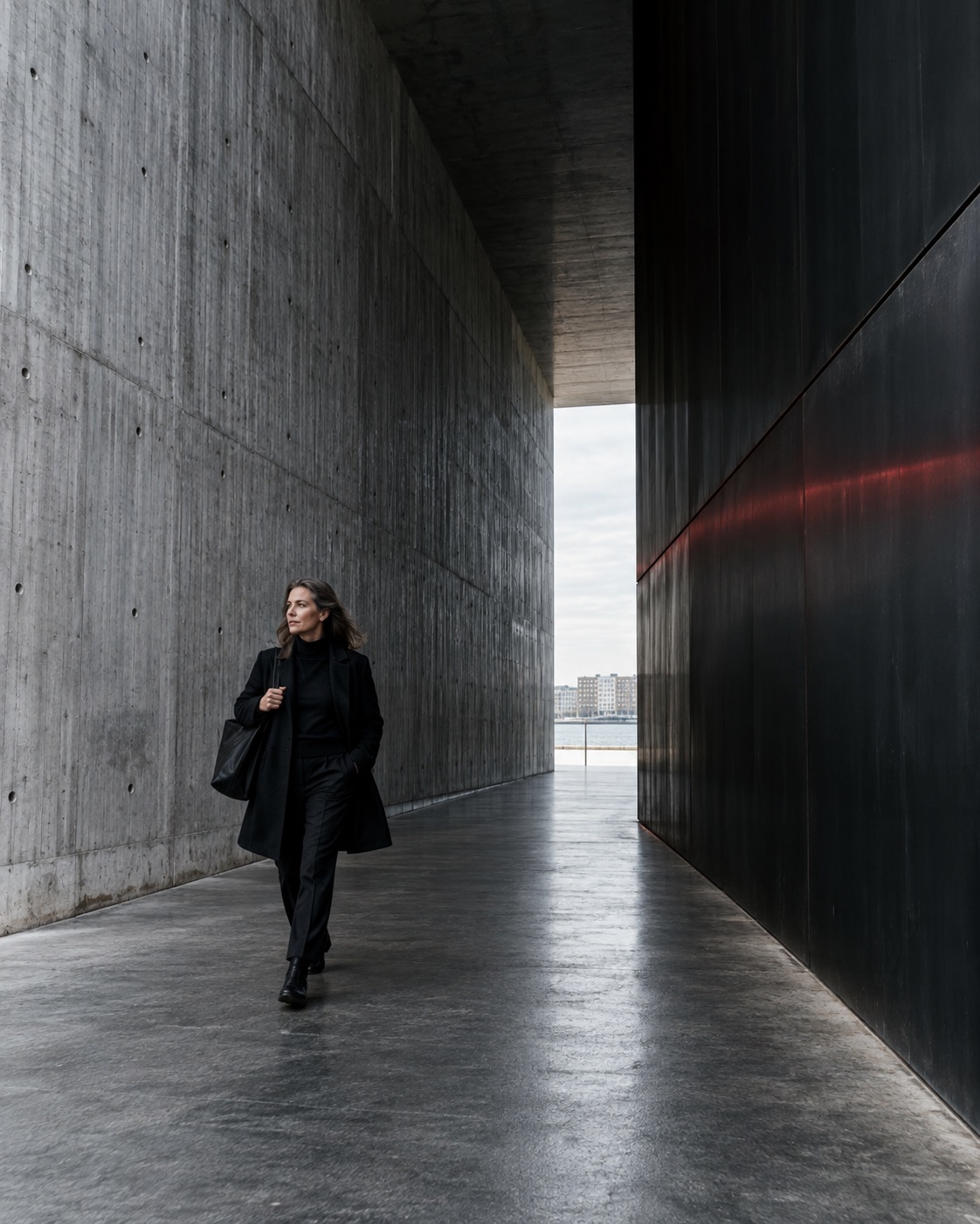 A professional moving with purpose through a concrete and black-steel passage